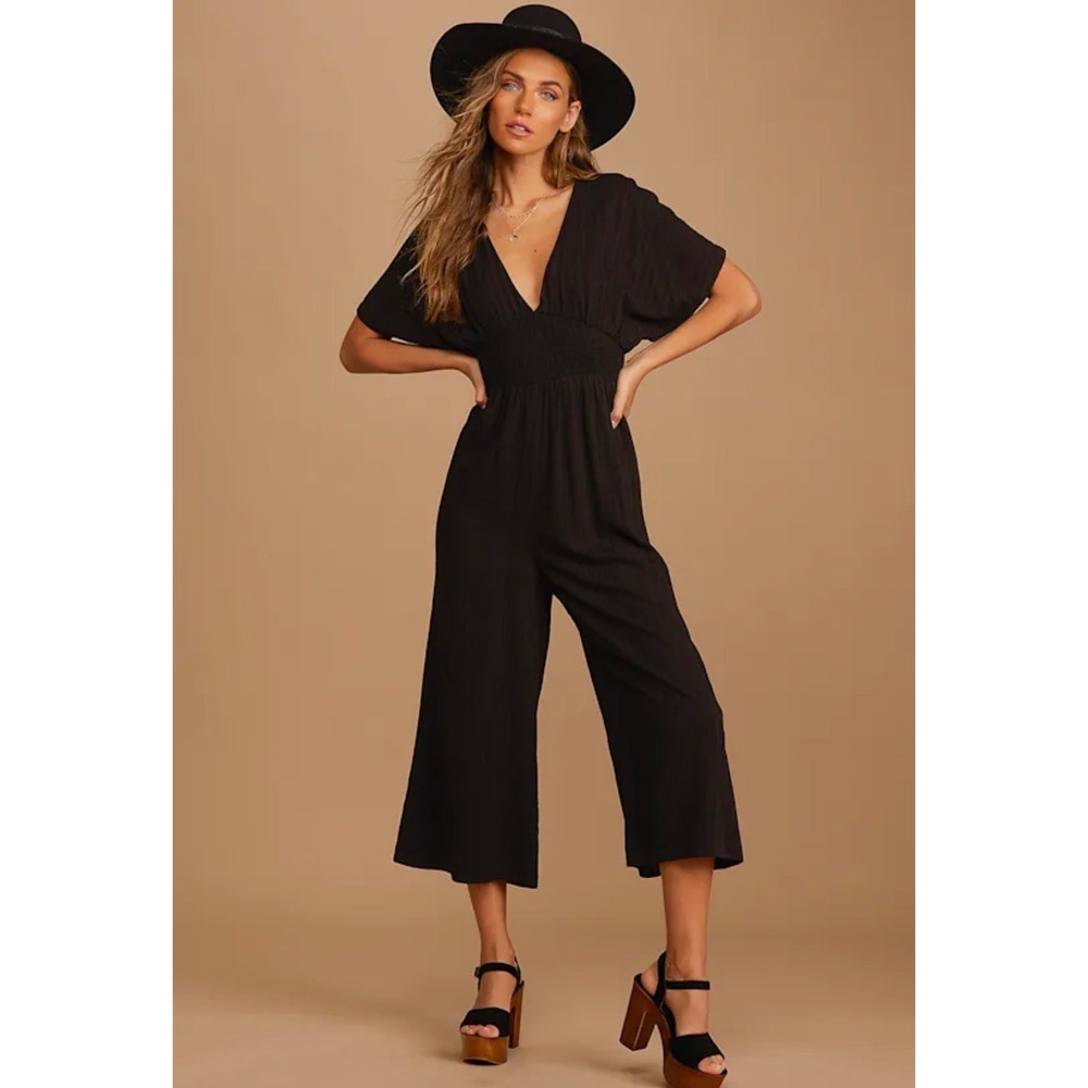 Lulus Spend Some Time Black Smocked Wide Leg Culotte Jumpsuit XS